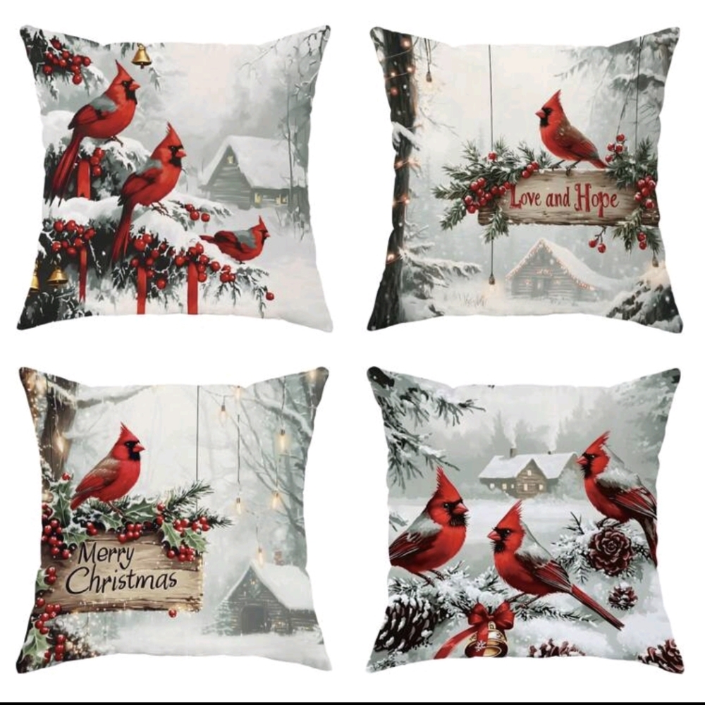Festive Cardinal Holiday Pillow covers set of 4